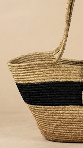 Boho Straw Style Button Closure Natural Shoulder Bag - Natural & Black