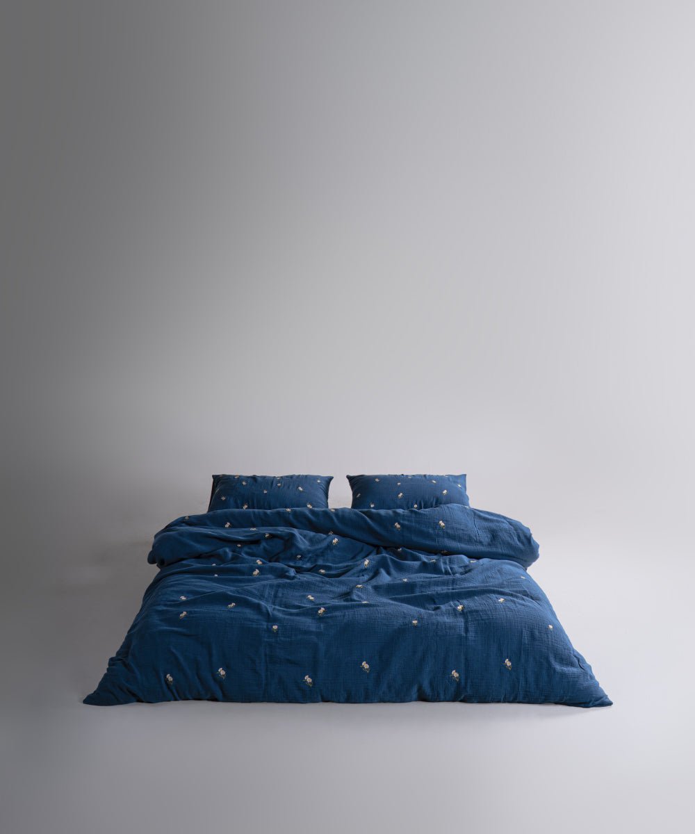 Printemps 100% Cotton Washed Embroidered Muslin Duvet Cover Set - Dress Blue