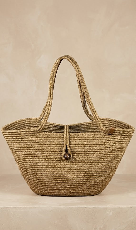 Boho Straw Style Button Closure Natural Shoulder Bag - Natural