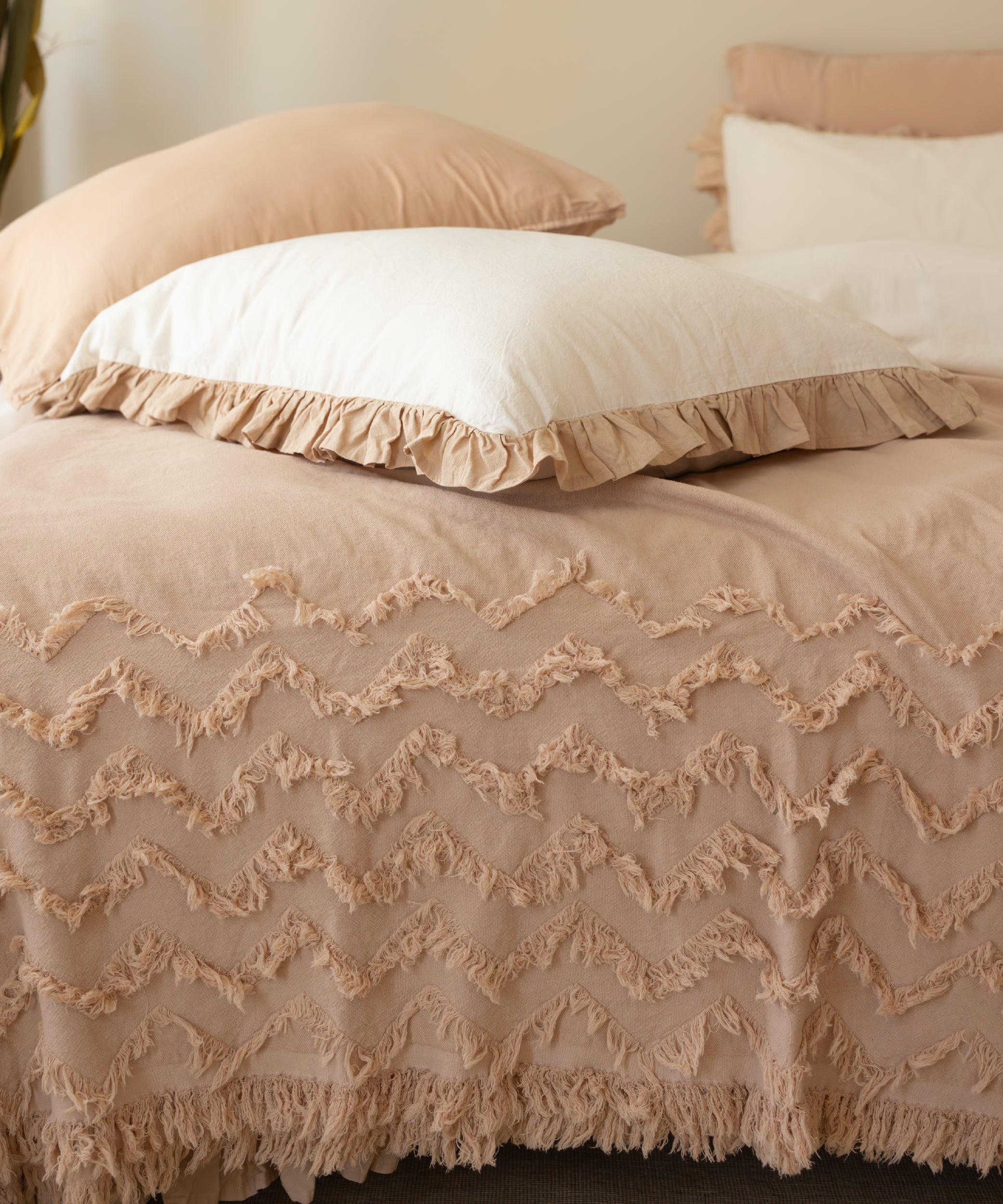 Odessia Beige Ruffled 100% Soft Cotton Duvet Cover Set - Stonewashed | Limasso