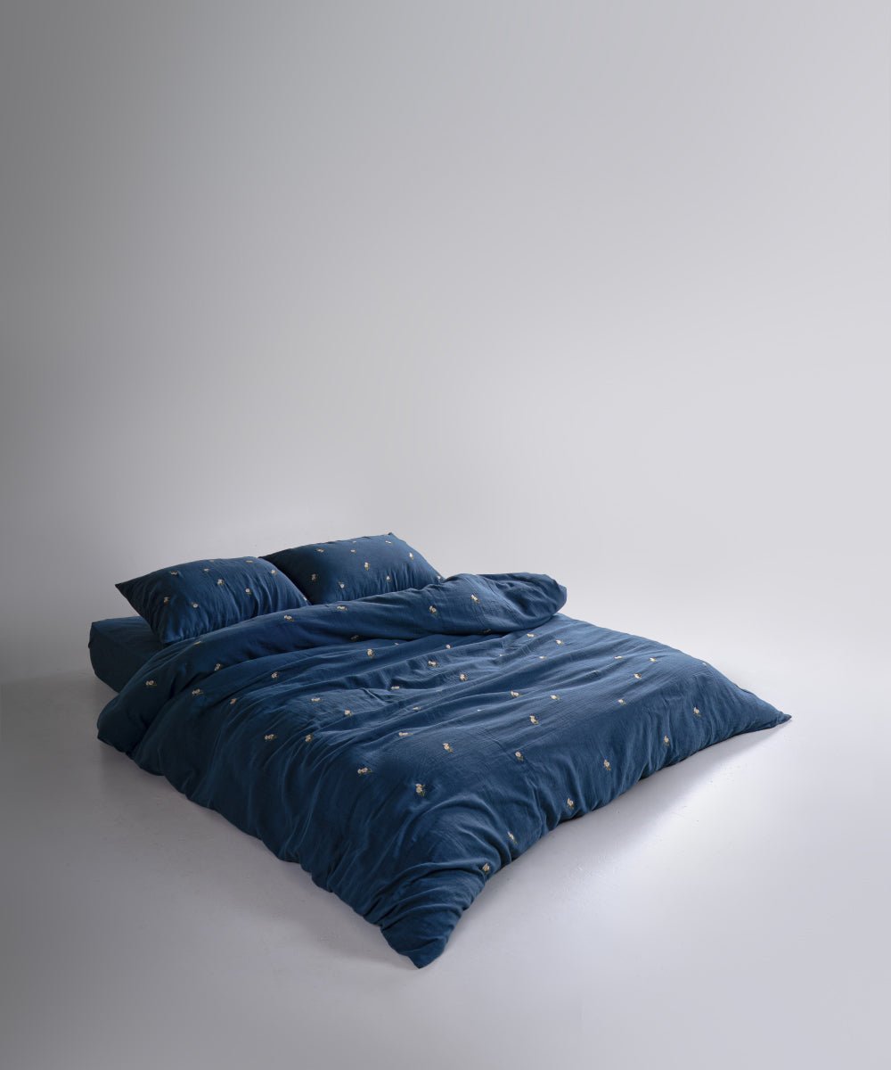 Printemps 100% Cotton Washed Embroidered Muslin Duvet Cover Set - Dress Blue