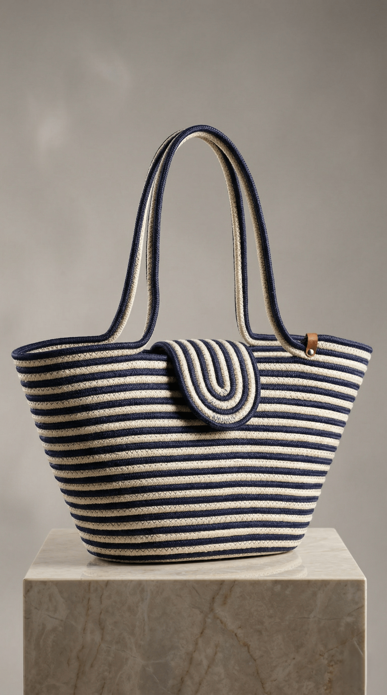 Boho Straw Style Magnetic Closure Natural Shoulder Bag - Navy & Natural