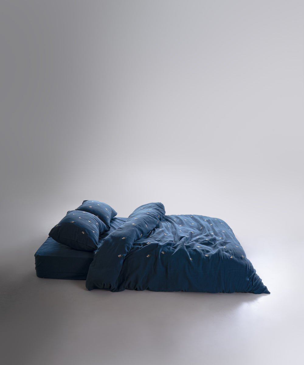 Printemps 100% Cotton Washed Embroidered Muslin Duvet Cover Set - Dress Blue