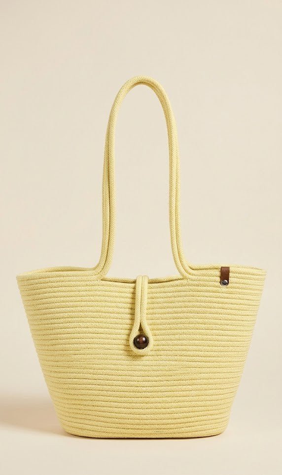 Boho Straw Style Button Closure Natural Shoulder Bag - Yellow