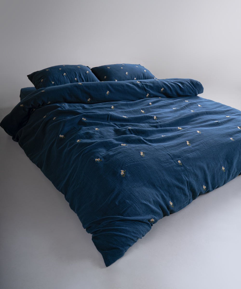 Printemps 100% Cotton Washed Embroidered Muslin Duvet Cover Set - Dress Blue