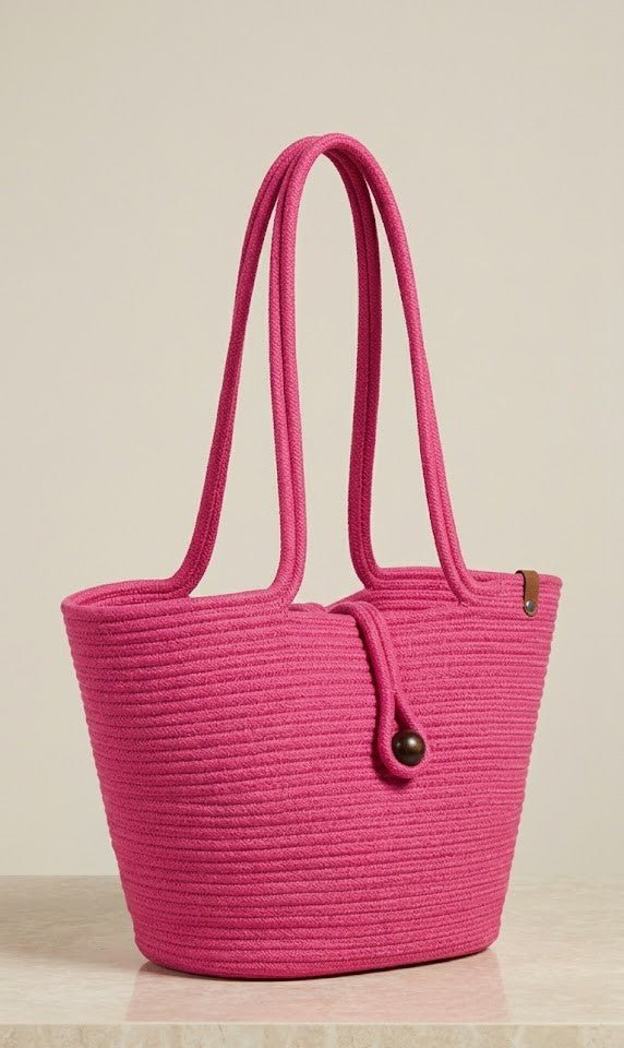 Boho Straw Style Button Closure Natural Shoulder Bag - Pink