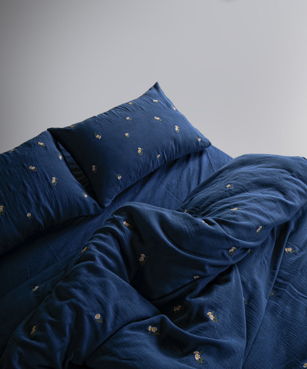 Printemps 100% Cotton Washed Embroidered Muslin Duvet Cover Set - Dress Blue