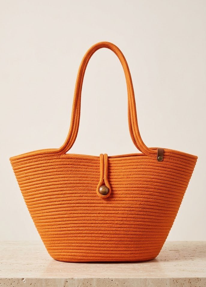 Boho Straw Style Button Closure Natural Shoulder Bag - Orange