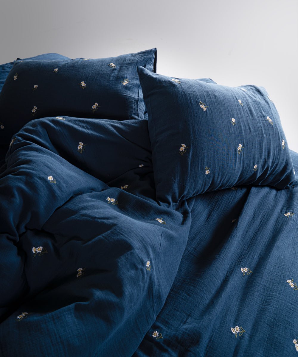 Printemps 100% Cotton Washed Embroidered Muslin Duvet Cover Set - Dress Blue