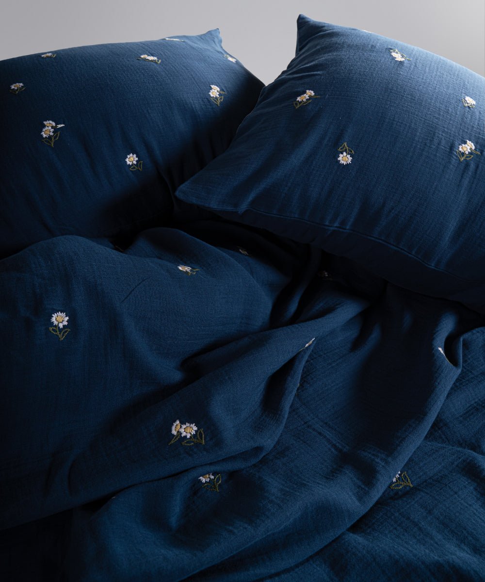 Printemps 100% Cotton Washed Embroidered Muslin Duvet Cover Set - Dress Blue