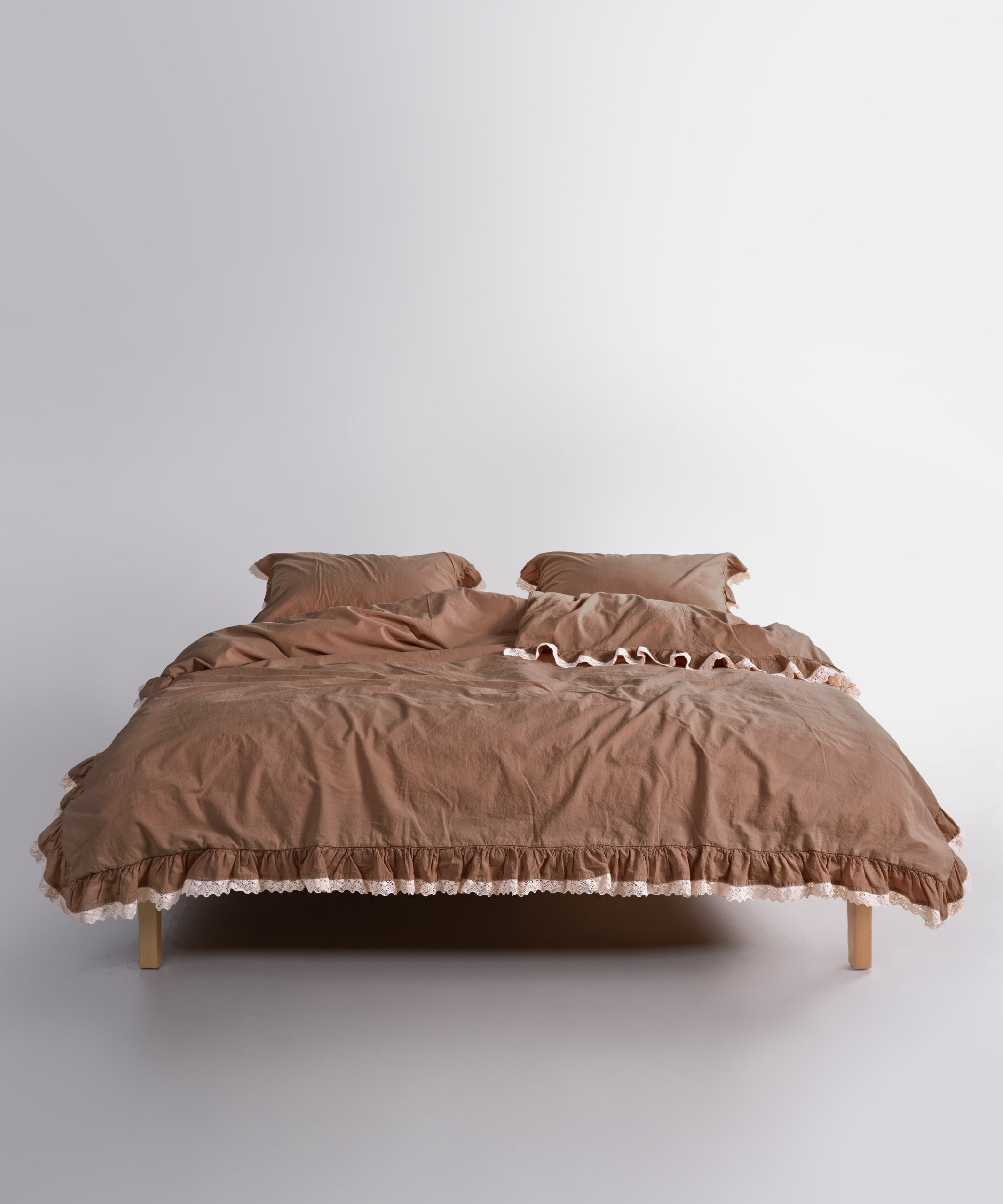 Wood Smoke Brown stonewashed 100% cotton duvet cover set with elegant ruffle and lace trim by Limasso