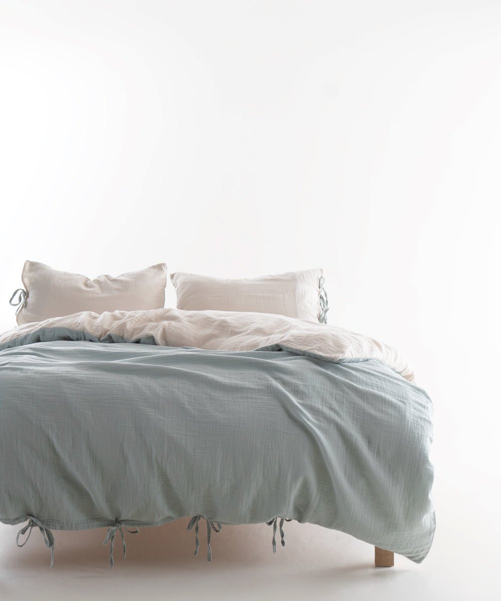 Esse 100% Natural Cotton Gauze-Muslin Duvet Cover Set Reversible Oxfordtan/Mineral Blue