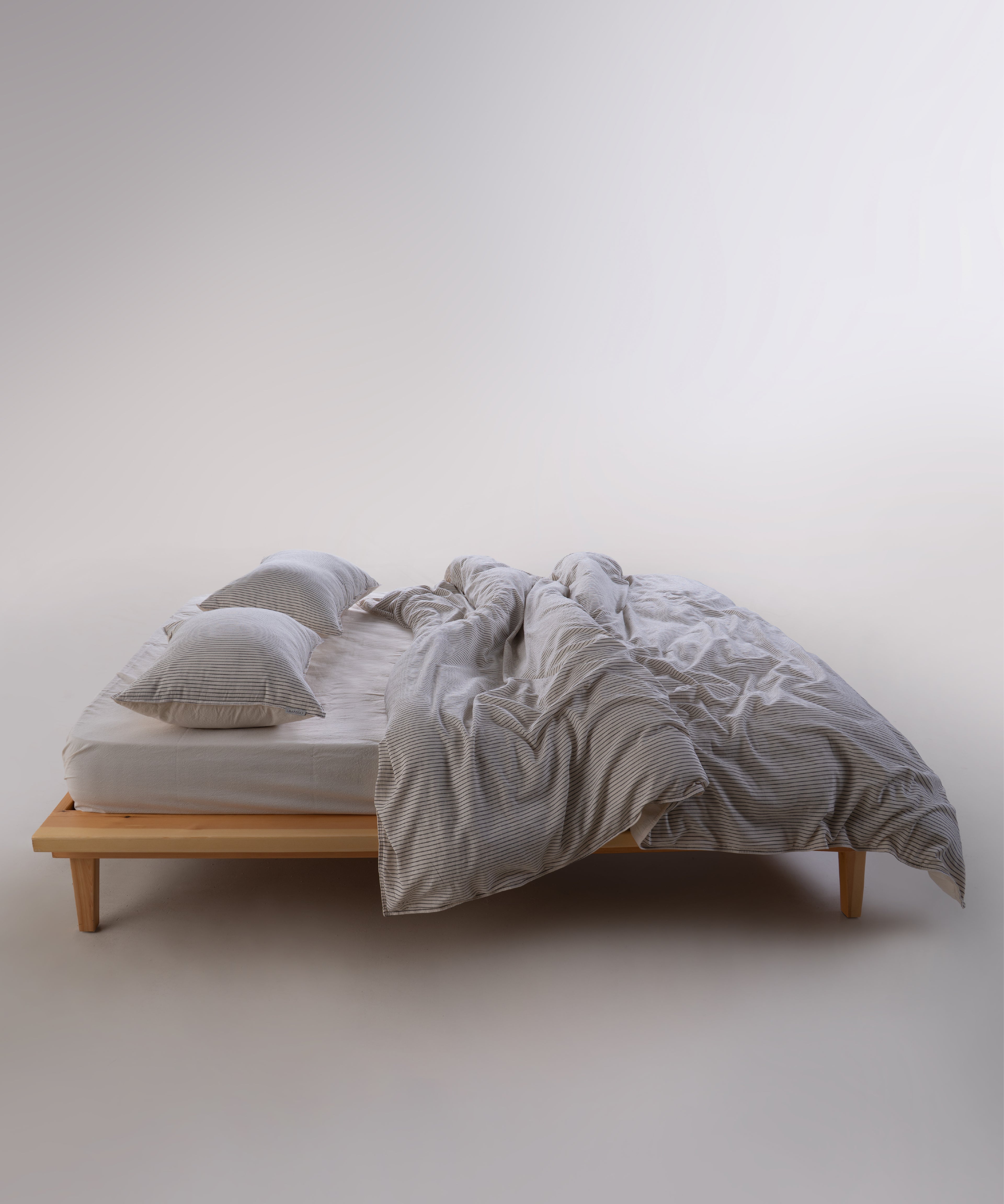 Natural cream 100% cotton duvet cover set with fine black stripes, garment washed soft bedding for UK and US bedrooms