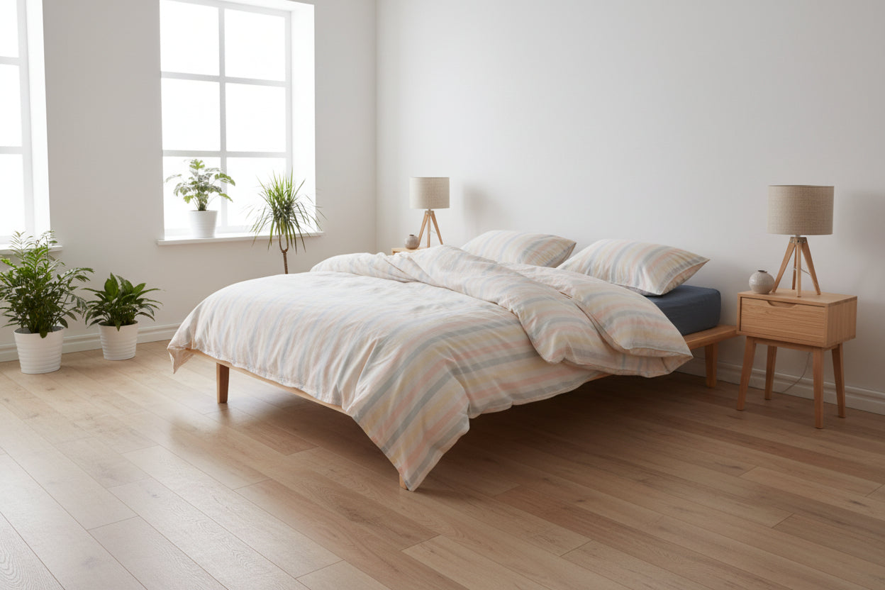 Natural striped cotton bedding set styled in a bright and calming UK bedroom interior