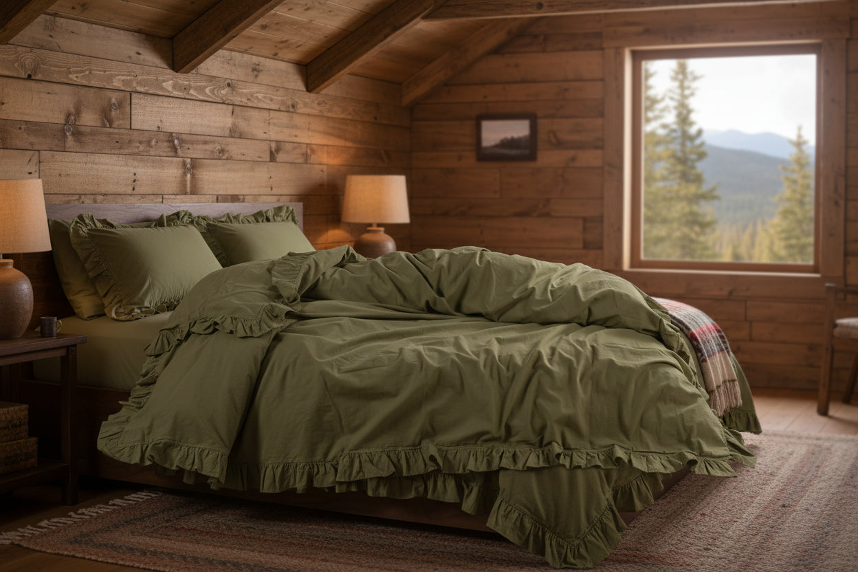 Stonewashed 100% cotton duvet cover set in olive green with ruffled edges