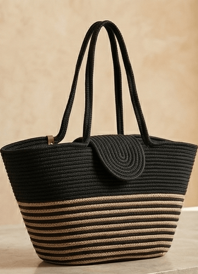 Boho Straw Style Magnetic Closure Natural Shoulder Bag - Black &amp; Natural