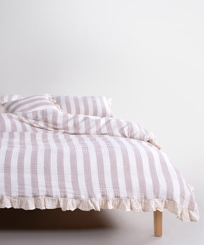 Natural beige striped 100% cotton muslin duvet cover set with ruffled edges, garment washed and yarn dyed, breathable bedding for double, king and super king beds