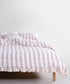 Natural beige striped 100% cotton muslin duvet cover set with ruffled edges, garment washed and yarn dyed, breathable bedding for double, king and super king beds