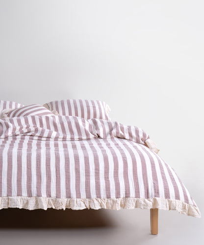 Cream and brown striped 100% cotton muslin duvet cover set, yarn dyed and garment washed, breathable bedding with ruffled edges