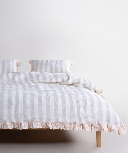 Cream and mint striped 100% cotton muslin duvet cover set, yarn dyed and garment washed, breathable bedding with ruffled edges