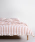 Beige and mustard striped 100% cotton muslin duvet cover set, yarn dyed and garment washed, breathable bedding with ruffled edges