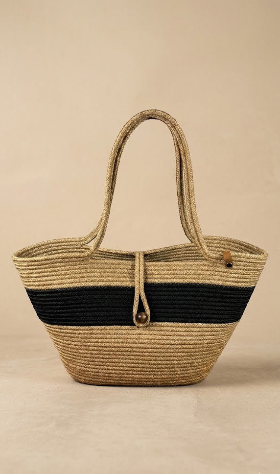 Boho Straw Style Button Closure Natural Shoulder Bag - Natural &amp; Black