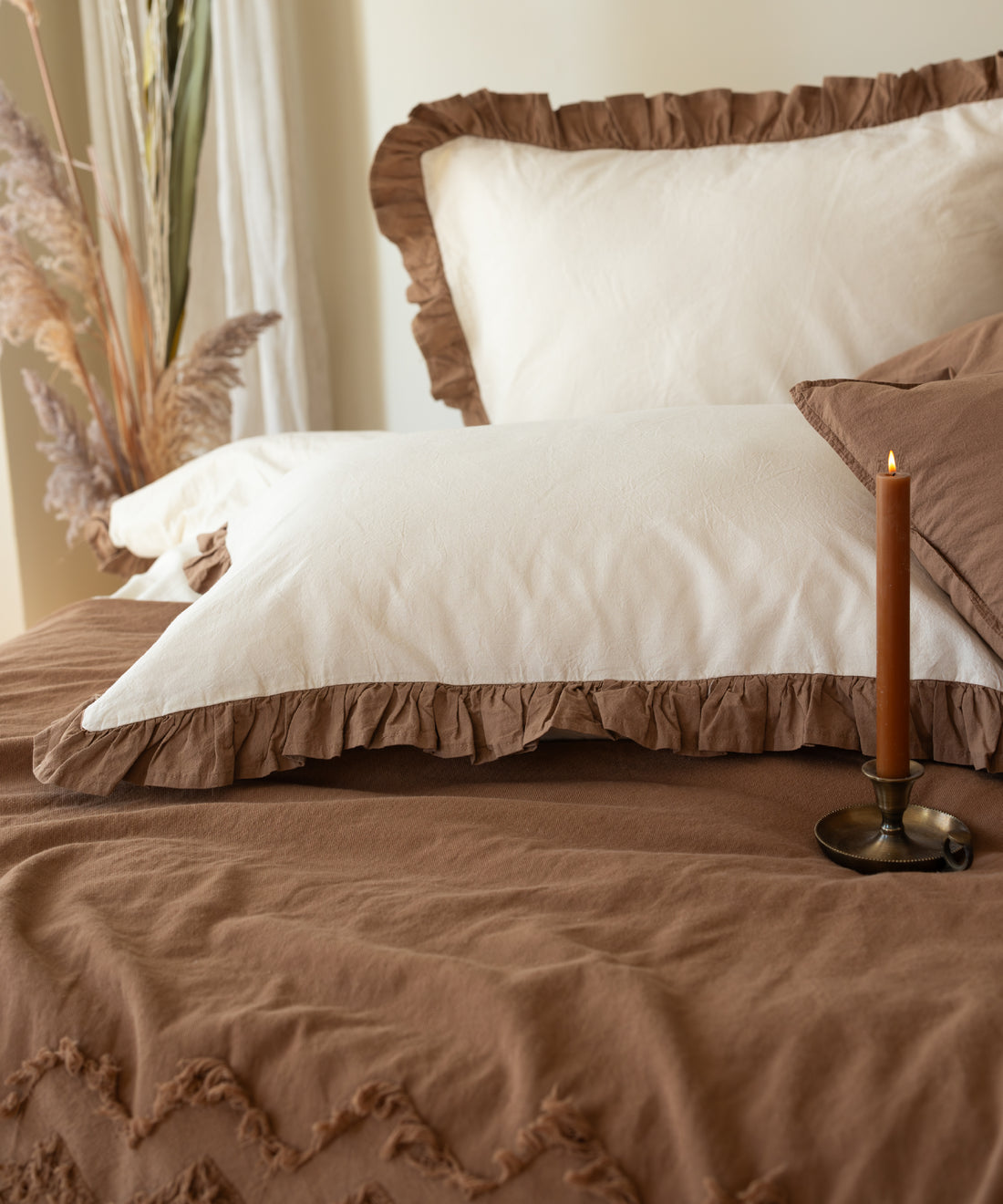 Odessia Wood Smoke Ruffled 100% Soft Cotton Duvet Cover Set - Stonewashed | Limasso