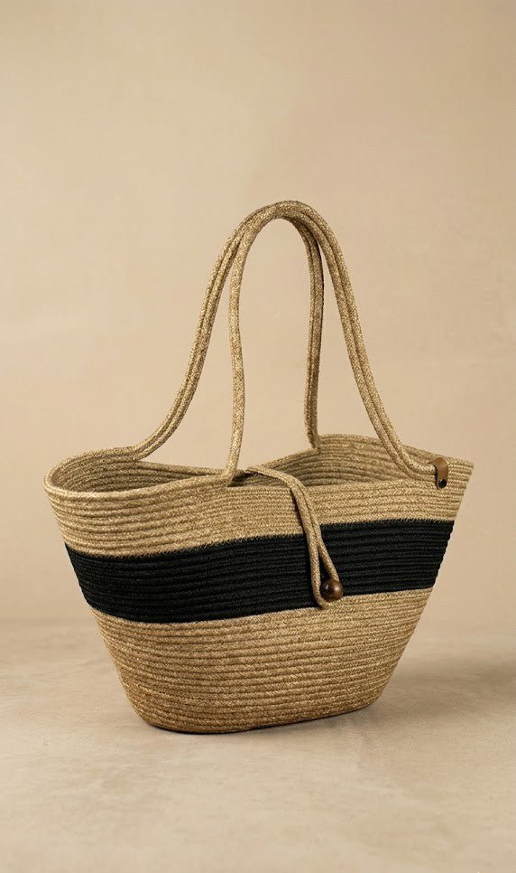 Boho Straw Style Button Closure Natural Shoulder Bag - Natural &amp; Black