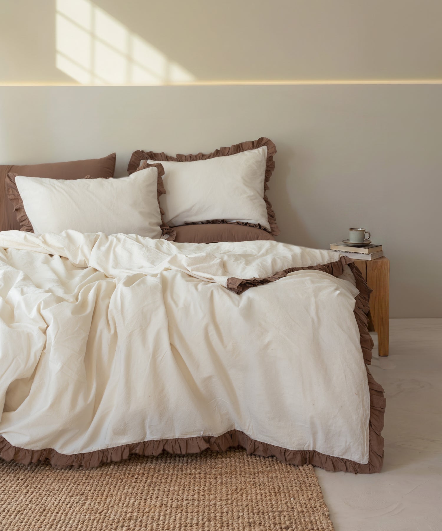 Odessia Wood Smoke Ruffled 100% Soft Cotton Duvet Cover Set - Stonewashed | Limasso