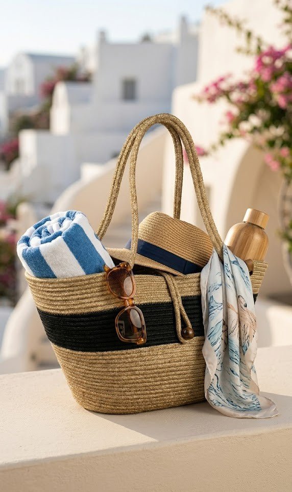 Boho Straw Style Button Closure Natural Shoulder Bag - Natural &amp; Black