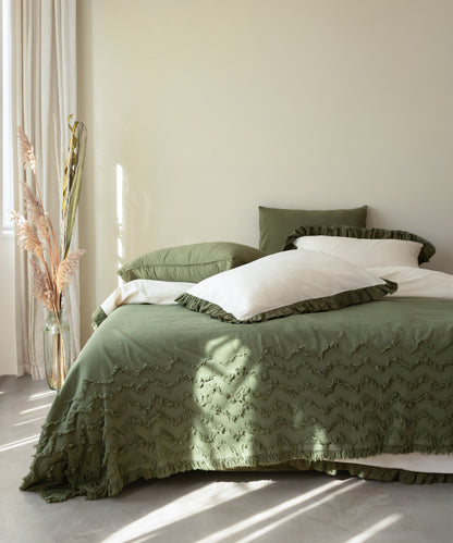 Odessia Olive Ruffled 100% Soft Cotton Duvet Cover Set - Stonewashed | Limasso