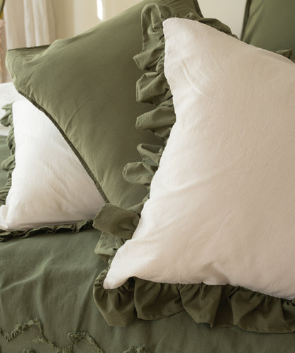 Odessia Olive Ruffled 100% Soft Cotton Duvet Cover Set - Stonewashed | Limasso