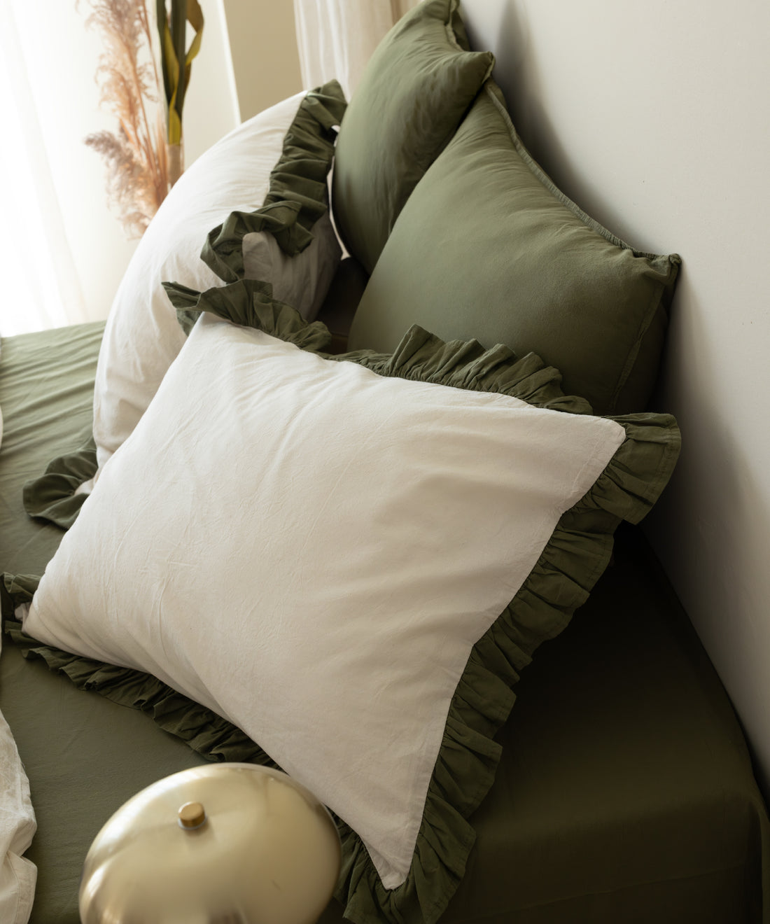 Odessia Olive Ruffled 100% Soft Cotton Duvet Cover Set - Stonewashed | Limasso
