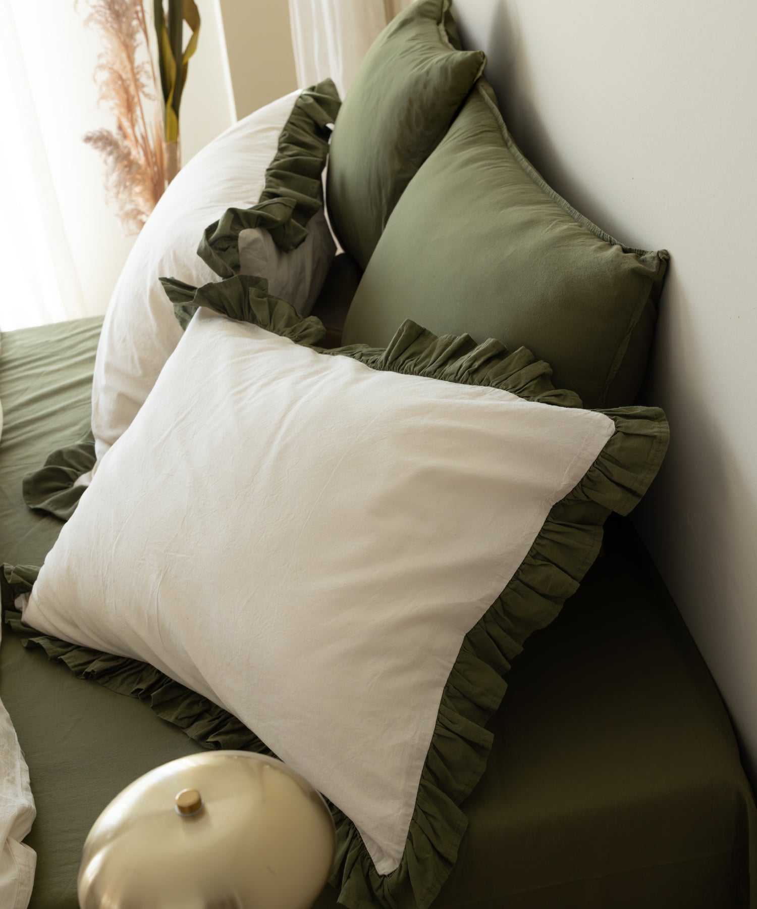 Odessia Olive Ruffled 100% Soft Cotton Duvet Cover Set - Stonewashed | Limasso