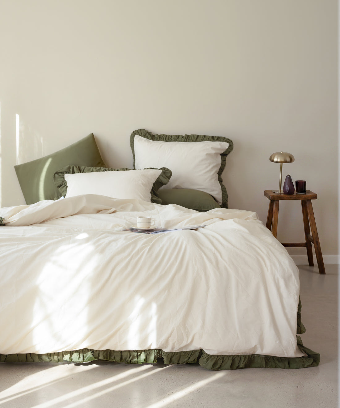 Odessia Olive Ruffled 100% Soft Cotton Duvet Cover Set - Stonewashed | Limasso