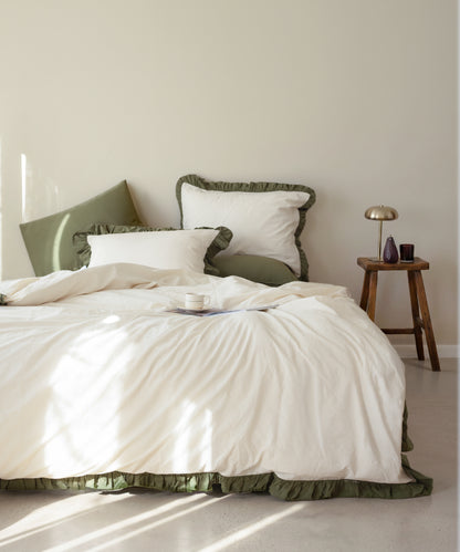 Odessia Olive Ruffled 100% Soft Cotton Duvet Cover Set - Stonewashed | Limasso