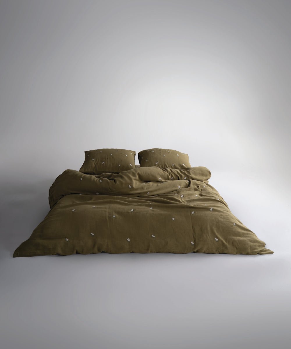 Printemps 100% Cotton Washed Embroidered Muslin Duvet Cover Set - Olive