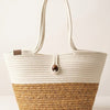 Boho Straw Style Button Closure Natural Shoulder Bag - Natural & White