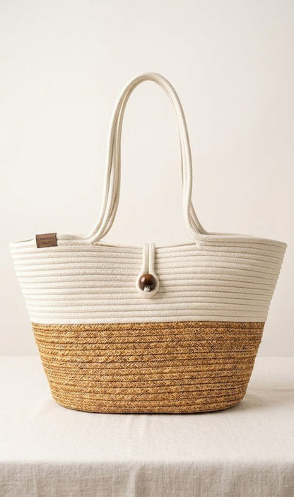 Boho Straw Style Button Closure Natural Shoulder Bag - Natural &amp; White