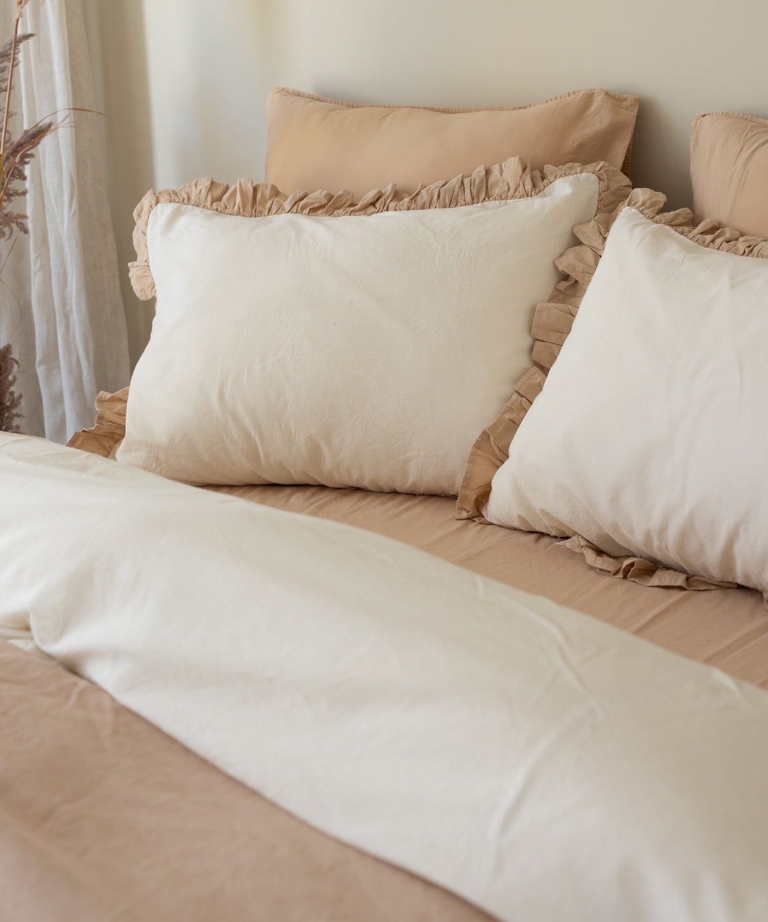 Odessia Beige Ruffled 100% Soft Cotton Duvet Cover Set - Stonewashed | Limasso
