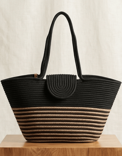 Boho Straw Style Magnetic Closure Natural Shoulder Bag - Black &amp; Natural
