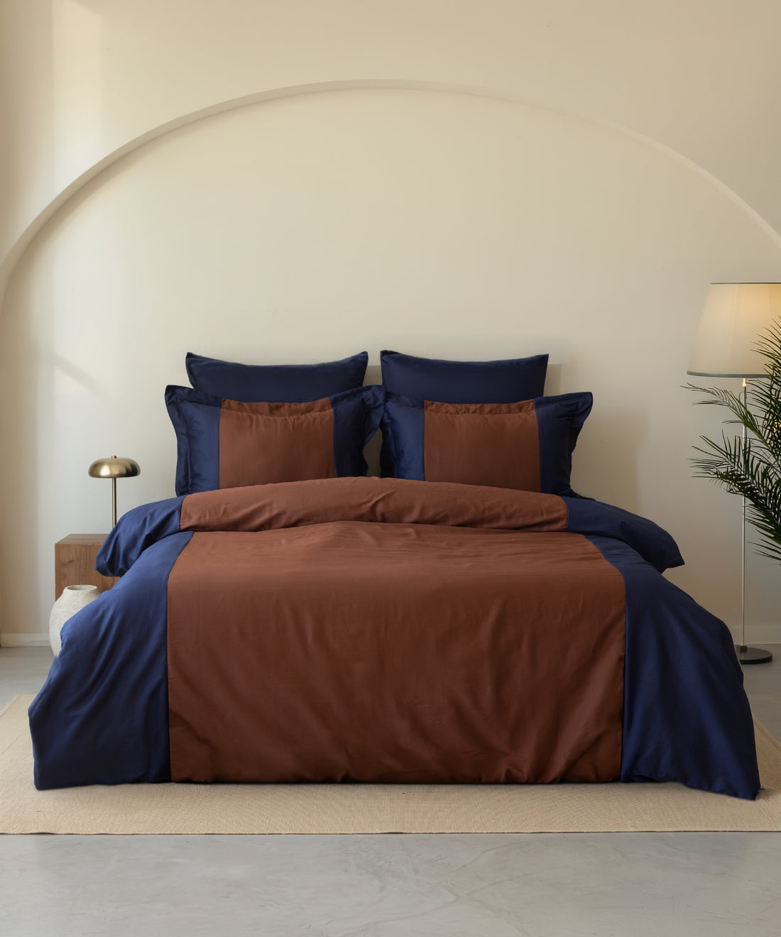 Dress Blue and Autumn 100% cotton sateen duvet cover set styled on modern UK bed with smooth silky finish