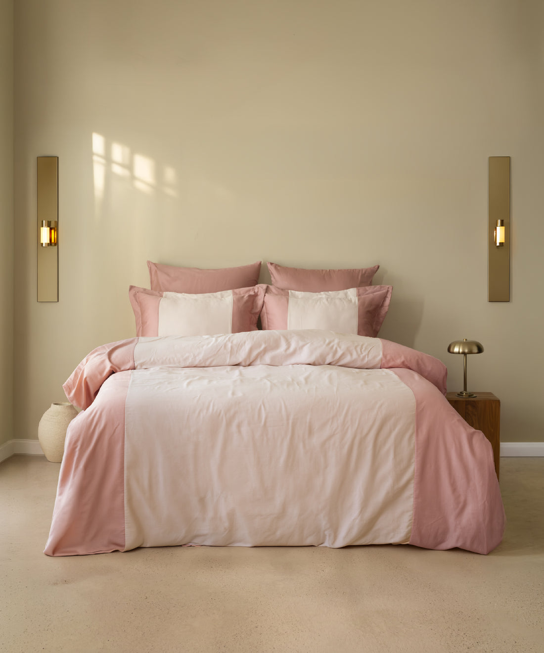 210TC Sateen Duvet Cover Set Old Rose and Pale Mauve in a warm Mediterranean bedroom with brass wall sconces – Limasso London