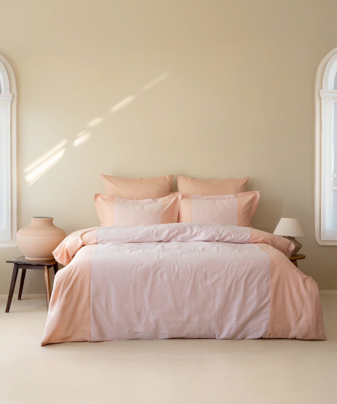 100% Cotton 210TC Sateen Duvet Cover Set Toast and Pristine in a sunlit Mediterranean-style bedroom – Limasso London