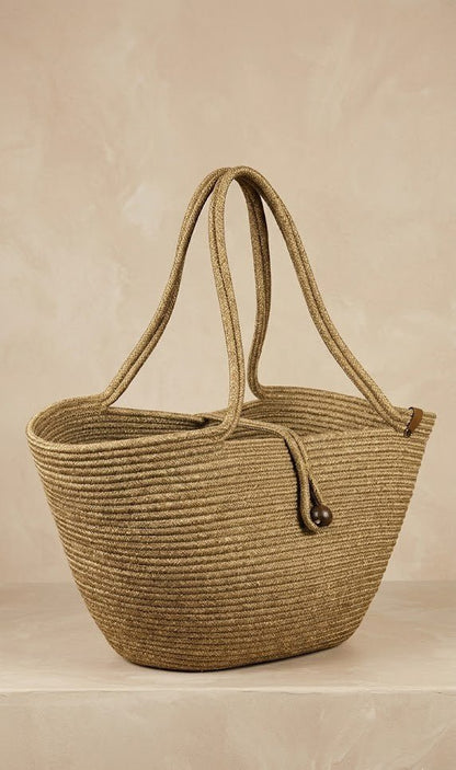 Boho Straw Style Button Closure Natural Shoulder Bag - Natural