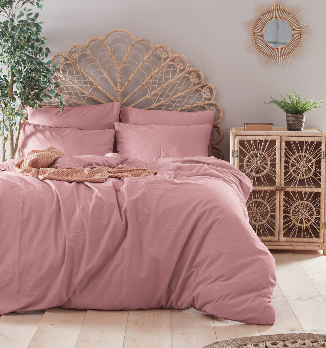 Ephasus Stonewashed 100% Cotton Duvet Cover Set - Old Rose