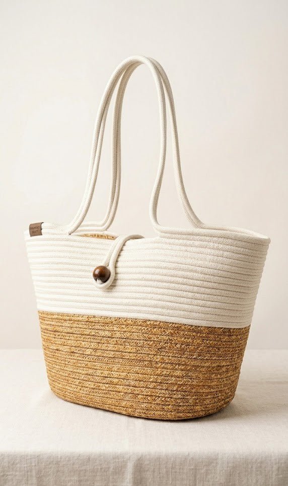 Boho Straw Style Button Closure Natural Shoulder Bag - Natural &amp; White