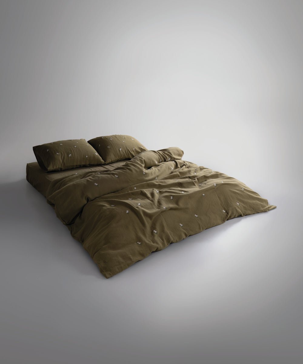 Printemps 100% Cotton Washed Embroidered Muslin Duvet Cover Set - Olive