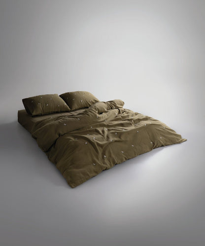 Printemps 100% Cotton Washed Embroidered Muslin Duvet Cover Set - Olive
