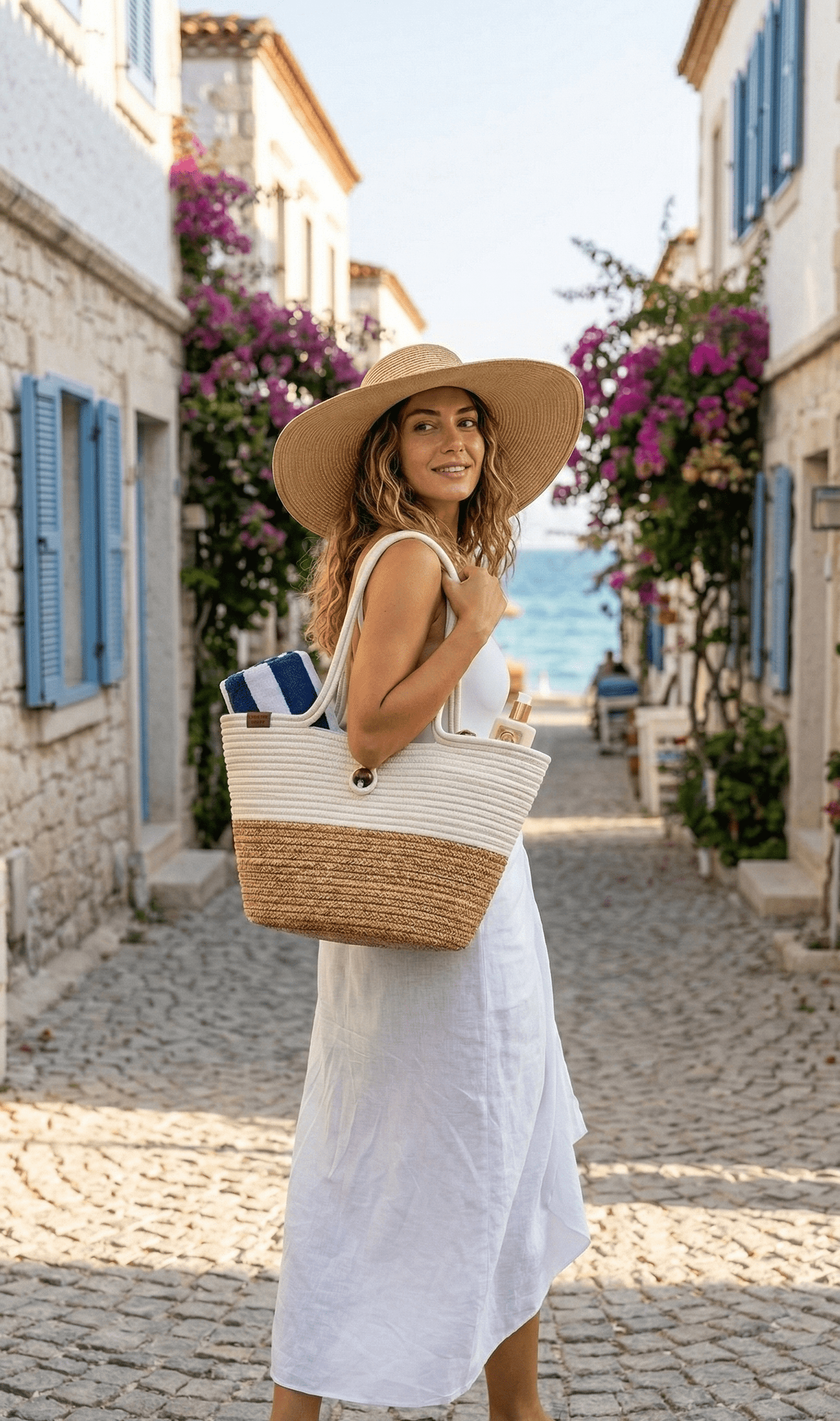 Boho Straw Style Button Closure Natural Shoulder Bag - Natural &amp; White
